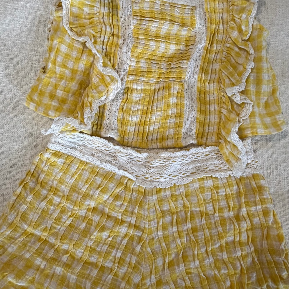 Free People Yellow Gingham Lace-Trim Top and Shorts Set
